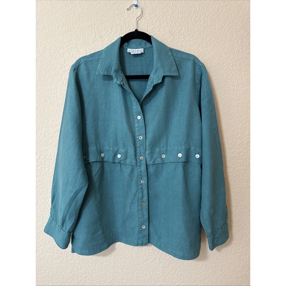Motherwear  Art to Wear MOP Button Oversize Linen Shirt Tunic Lagenlook Sz M USA